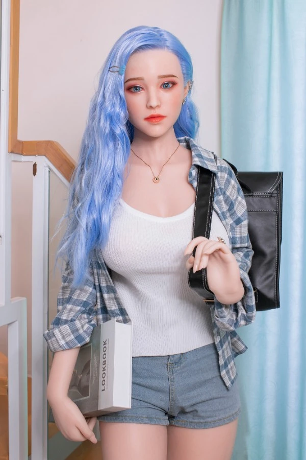 Muñeca sexual Dime Doll Sierra de 170 cm con cabello azul y silicona, con cabeza y cuerpo intercambiables.
